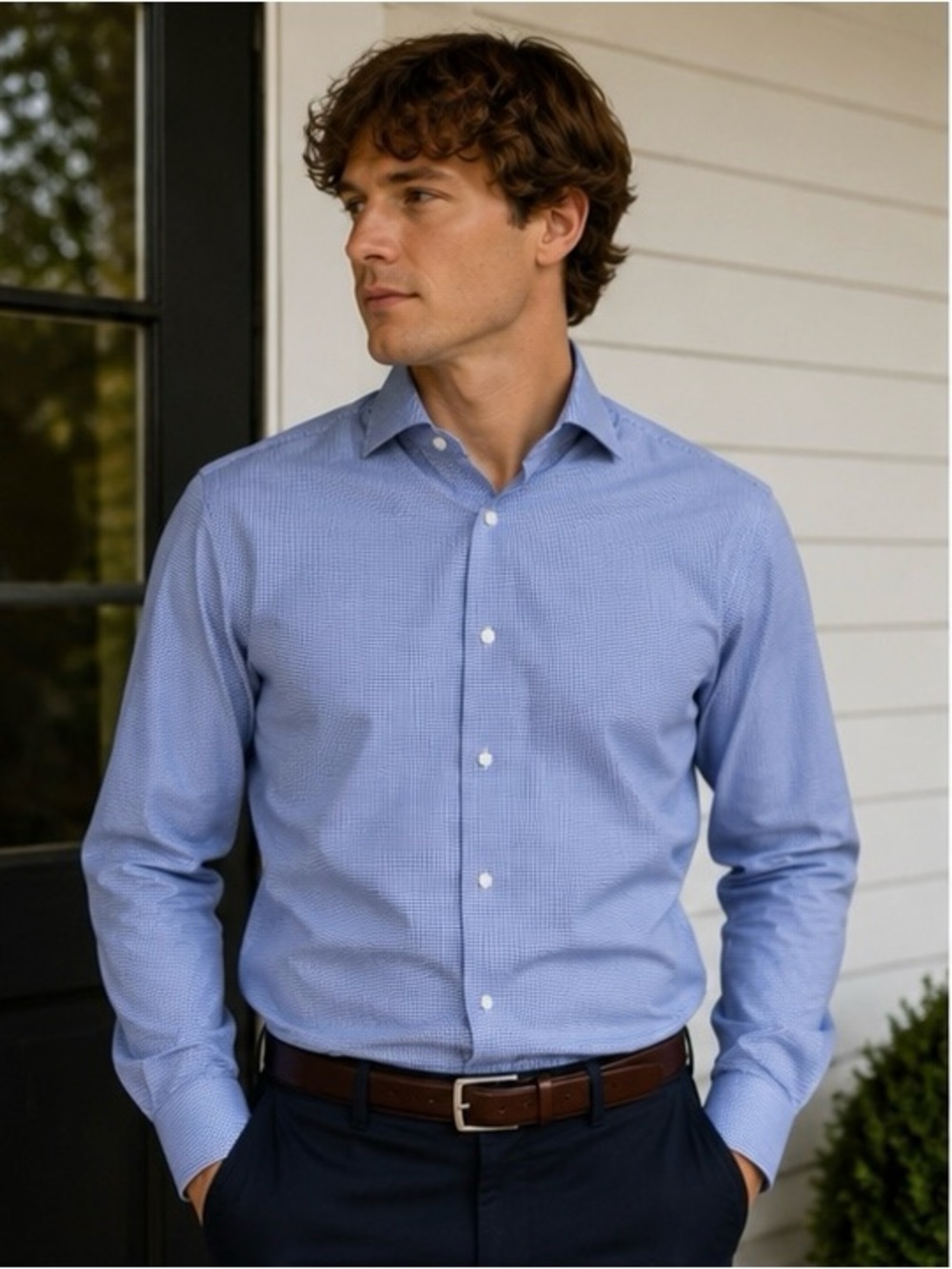 Charles Tyrwhitt Non-Iron Blue Micro Check Dress Shirt Classic Fit 16.5/33